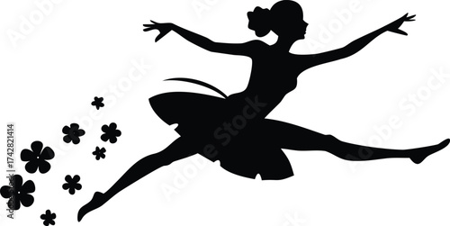 Elegant ballerina silhouette in a leaping pose surrounded by flowers vector illustration isolated on white