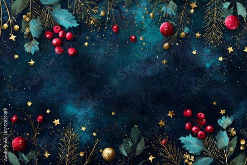 Festive Christmas background with red berries golden stars and fir branches creating a magical holiday atmosphere for seasonal designs