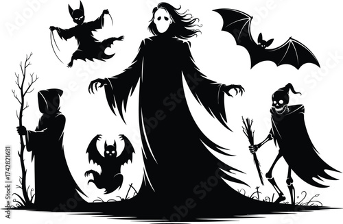 Silhouette of grim reaper and spooky halloween creatures in a dark forest