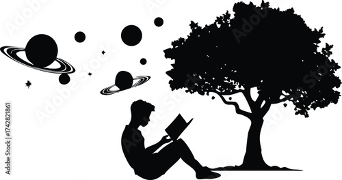 Silhouette of a boy reading a book under a tree planets and stars floating above vector illustration for education and imagination concepts