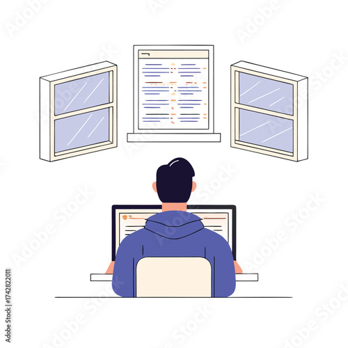 Young man wearing a blue hoodie studies lines of code near bright windows