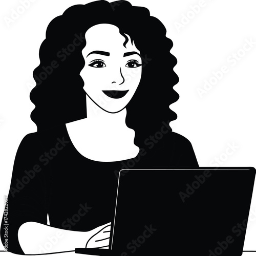 Smiling woman with curly hair is using a laptop in the black and white scene