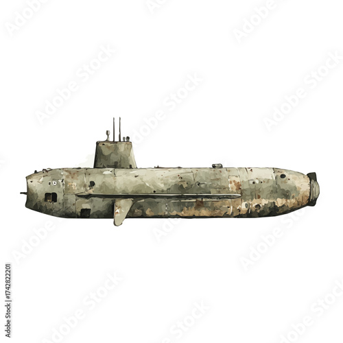 watercolor of Submarine, vector, isolated on a white background.