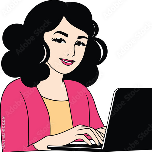 Smiling woman with dark curly hair types on a black laptop computer with focus