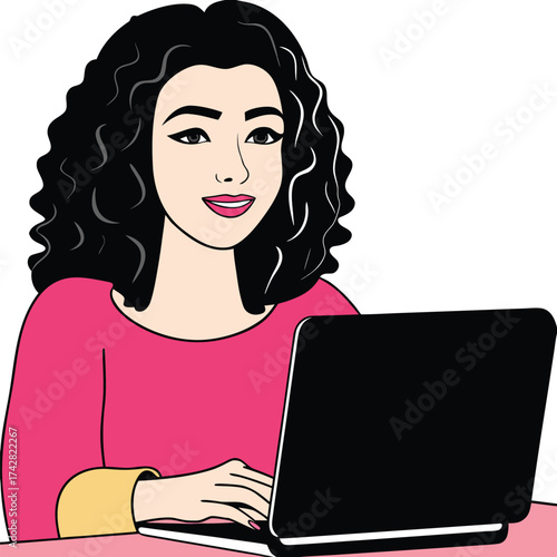 Smiling young woman with black curly hair types on a black laptop