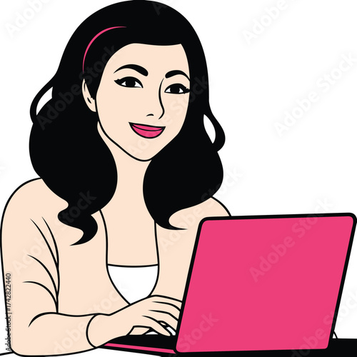 Smiling Asian woman types on pink laptop computer with black curly hair