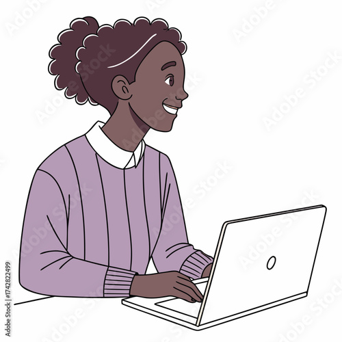 Smiling AfricanAmerican woman types on her laptop, looking forward with a positive expression and neat hair