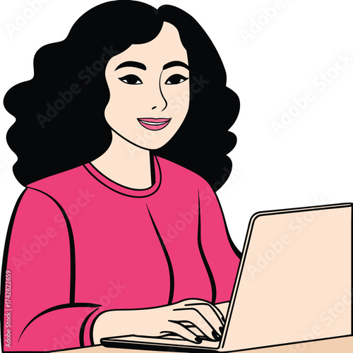 Smiling Asian woman with wavy black hair typing on a beige laptop