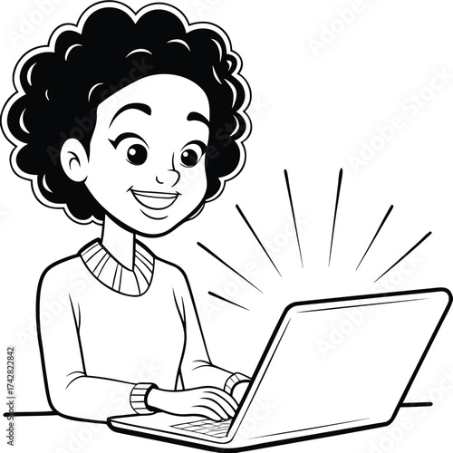 African American woman smiles while using a laptop on her desk