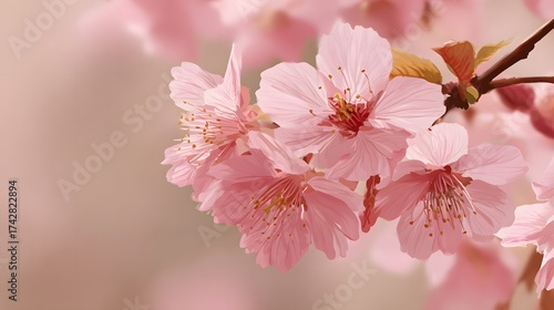 Close-up of delicate pink cherry blossoms against a soft background, evoking a tranquil spring ambiance.