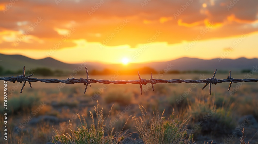 Obraz premium Sunset through barbed wire fence (1)