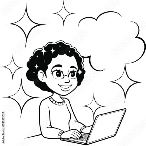 Smiling African woman with glasses types on laptop amid star shapes
