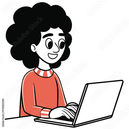 Cartoon woman with curly hair using a laptop to work from home happily