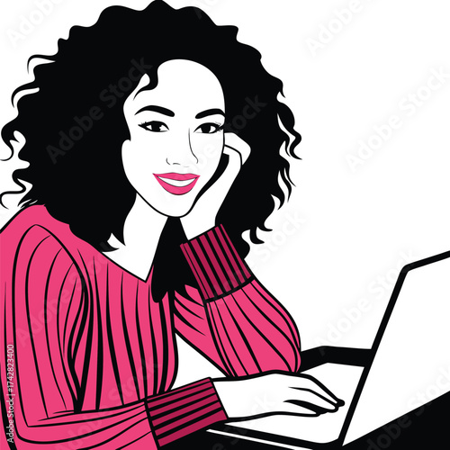 Smiling African woman with curly hair uses a laptop wearing a pink sweater