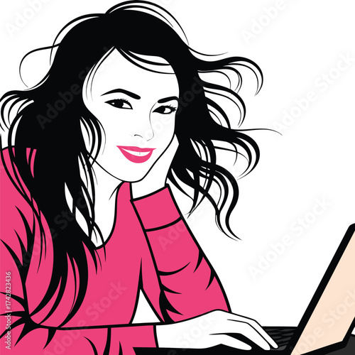 Brunette woman in pink top rests on hand near laptop smiling broadly