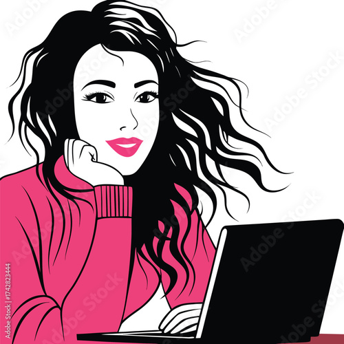 Smiling woman with dark hair and pink sweater looks at her laptop