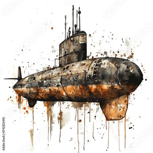 Submarine, watercolor clipart vector, isolated on a white background.