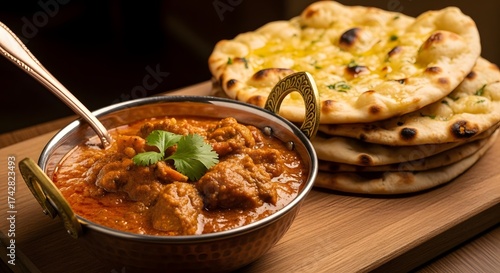 A close-up view of a rich, spiced lamb curry in a decorative metal bowl, garnished with fresh green cilantro, alongside a stack of fluffy, lightly charred naan bread