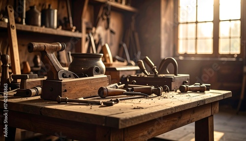 Inside an old workshop, sunlight streams, wooden tools lie ready