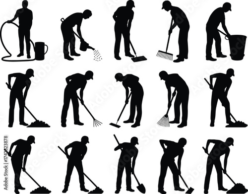 Collection of silhouettes of people performing outdoor maintenance tasks