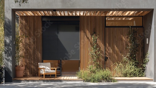 Modern architectural facade blends natural wood slats with concrete, featuring a minimalist outdoor seating area and lush greenery for serene contemporary living