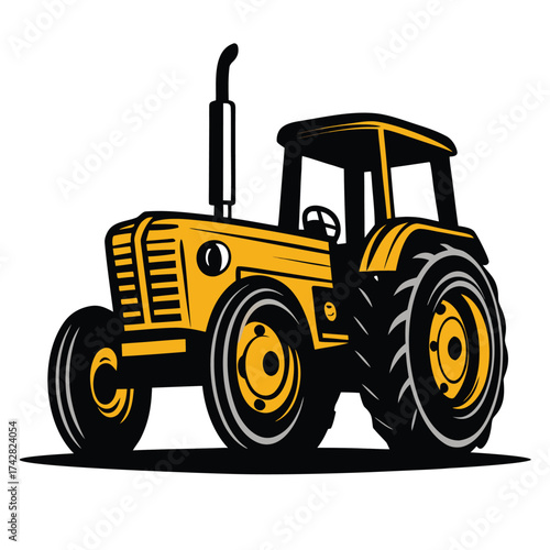 Bold yellow tractor displays strong shadowed tires and exhaust detailing on a white background