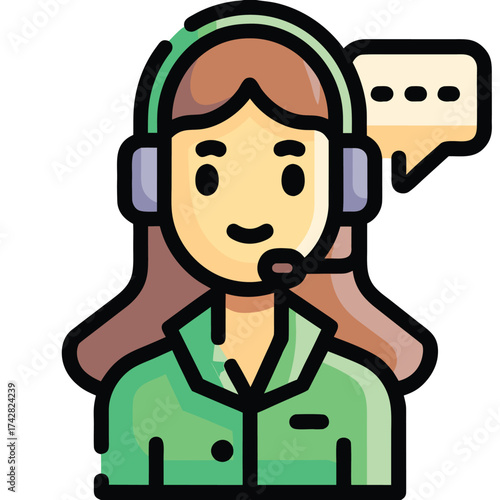 Smiling woman with headset communicates using a speech bubble in a stylized icon