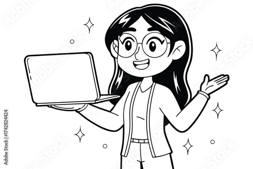 Smiling girl with glasses presents laptop enthusiastically in black and white illustration