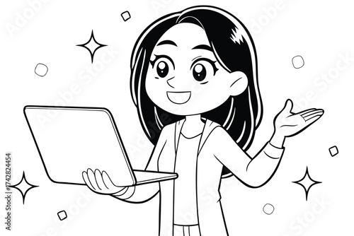 Smiling cartoon woman presents her laptop enthusiastically with stars and circles around her