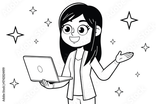 Animated woman with laptop presents, showcasing digital space amid stars and positive expression