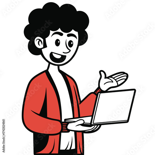 Smiling cartoon man with afro in red cardigan presents information on a laptop