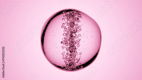 Abstract 3D transparent sphere with vertical air bubble column rotating on pink surface, surreal seamless background for futuristic minimal cosmetics, beauty, and scientific visuals.