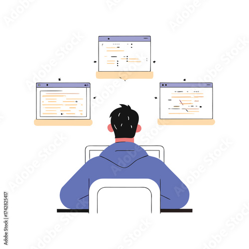 Man wearing blue sweater works using his laptop with three windows open