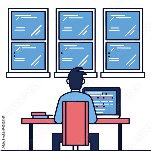 Rear view of person sitting before desk with computer near windows indoors