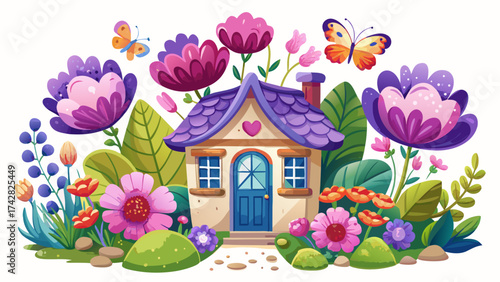 Cute French floral cottage with lavender garden, pink peonies, and fluttering butterflies, vibrant spring colors, fantasy vector design, clean white background for decorative artwork.