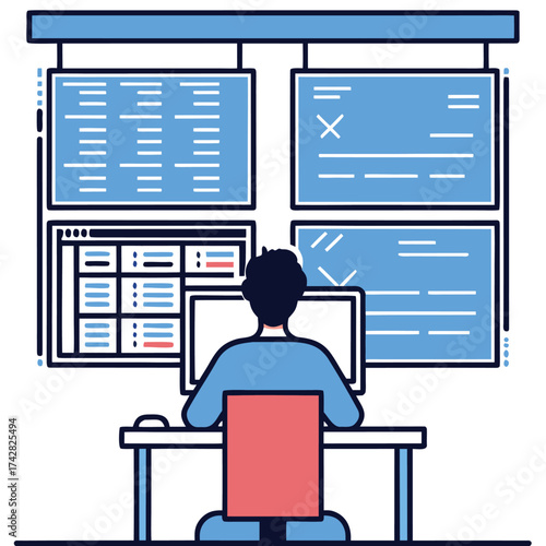 Rear view of person working at desk with multiple monitors displays data
