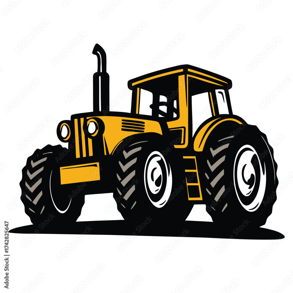 Obraz premium Yellow tractor is on the ground featuring oversized tires and a bold black outline