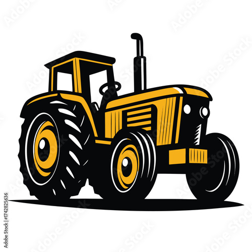 Stylized shows a powerful black and gold agricultural tractor on a white background