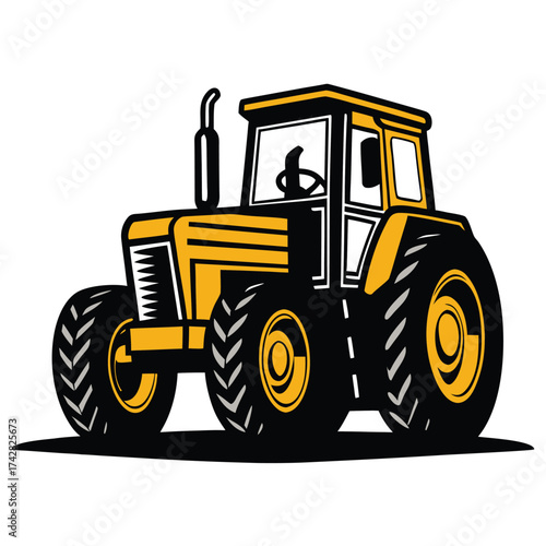 Isolated yellow and black tractor shows powerful farming machinery standing firmly on the ground