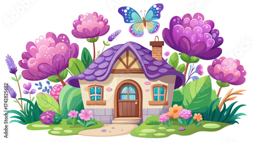 Cute French floral cottage with lavender garden, pink peonies, and fluttering butterflies, vibrant spring colors, fantasy vector design, clean white background for decorative artwork.