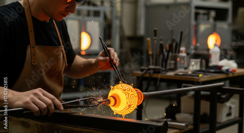 Focused Artisan Shaping Intricately Hot Molten Glass in Studio
A close-up, dynamic shot capturing a skilled glassblower meticulously working on an intricately patterned piece of molten glass
