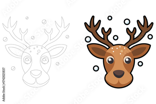 Cute cartoon reindeer head with antlers and snowflakes festive christmas animal graphic isolated on white background