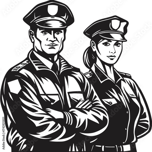 Monochrome officer and policewoman wearing caps stand together with arms crossed sternly looking ahead
