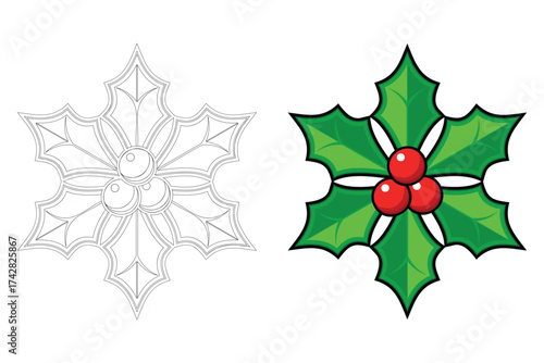 Festive christmas snowflake and holly berry icons for holiday season decorations and graphics isolated on white background
