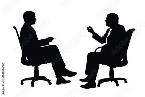 Two caucasian businesspeople are sitting in chairs talking in silhouette against a white background