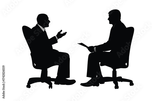 Two black silhouette businessmen are seated facing each other during a formal discussion