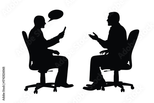Black silhouettes of two men engage in conversation while seated in modern office chairs