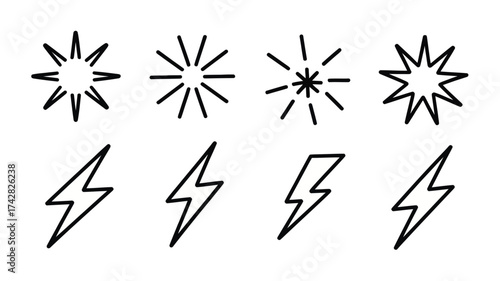Set of minimalist sun and lightning icons simple flat vector design elements isolated on white background for web and mobile apps