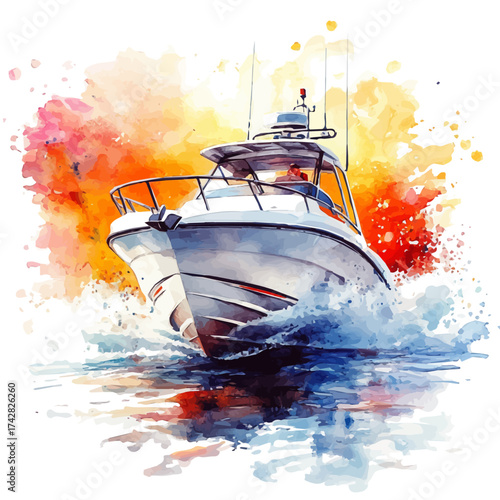 Speedboat, watercolor illustration vector, isolated on a white background.