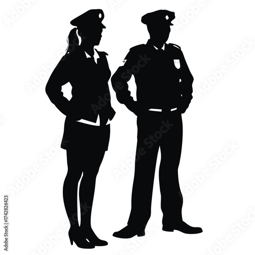 Silhouetted police officers, a man and a woman, stand facing forward wearing uniform and hats
